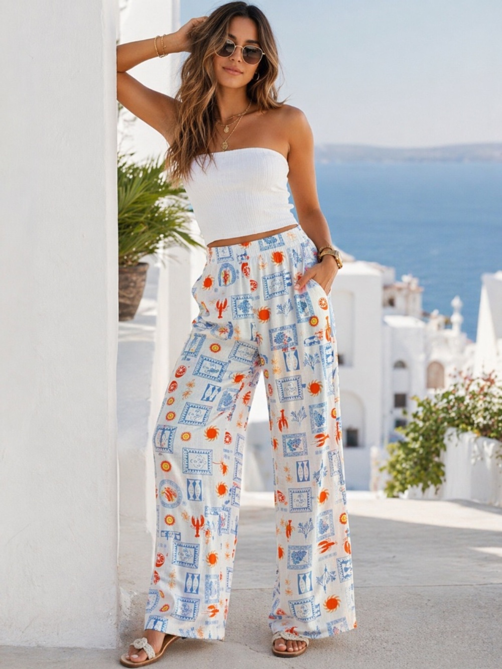 Sincerely Jules Linen Blend Lobster Print Wide Leg Pants Resort Euro Vibes M